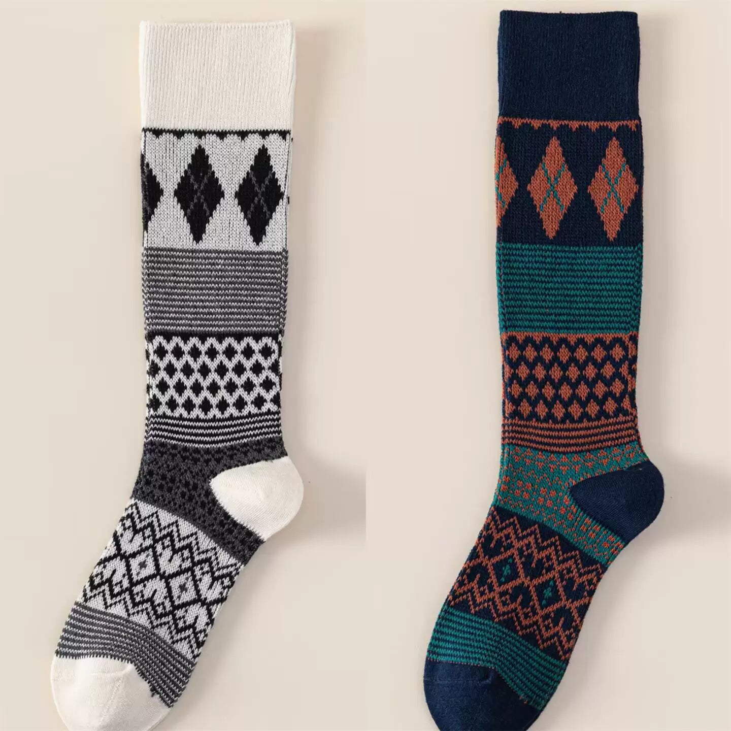 Findszx | Women’s Retro Diamond-Pattern Double-Knit Calf Socks in Cotton for Everyday Wear