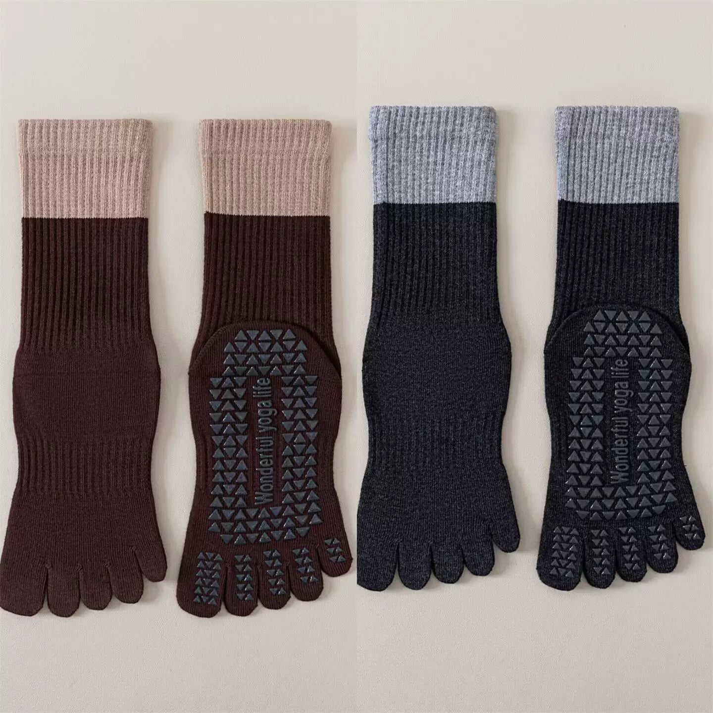 Findszx | Women’s Color-Block Mid-Calf Five-Toe Yoga Socks with Grip for Pilates & Indoor Fitness