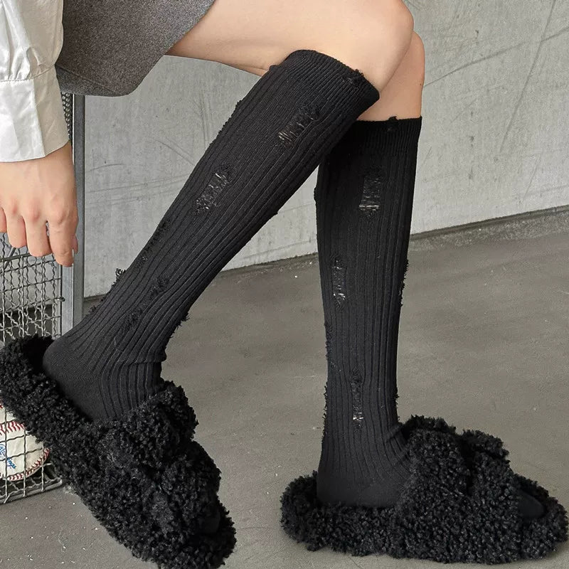 Findszx | Women’s Distressed Mid-Calf Cotton Socks with Vintage Texture for Spring & Autumn Wear