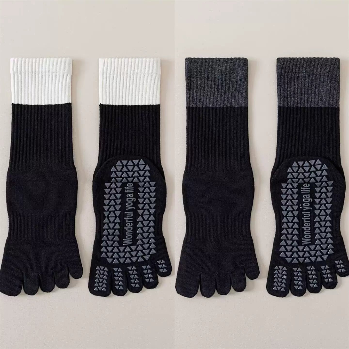 Findszx | Women’s Color-Block Mid-Calf Five-Toe Yoga Socks with Grip for Pilates & Indoor Fitness