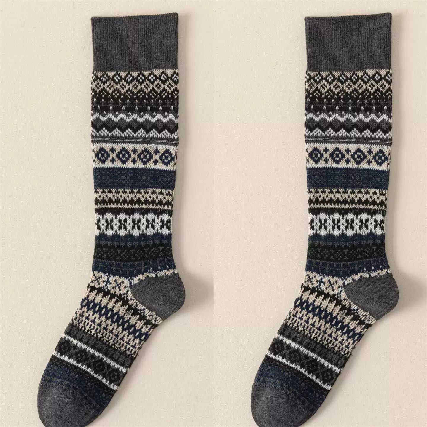 Ethnic Style Retro Calf Socks Double-Needle Fair Isle Stockings For Women In Autumn And Winter Paired With Snow Boots And Piled High Socks
