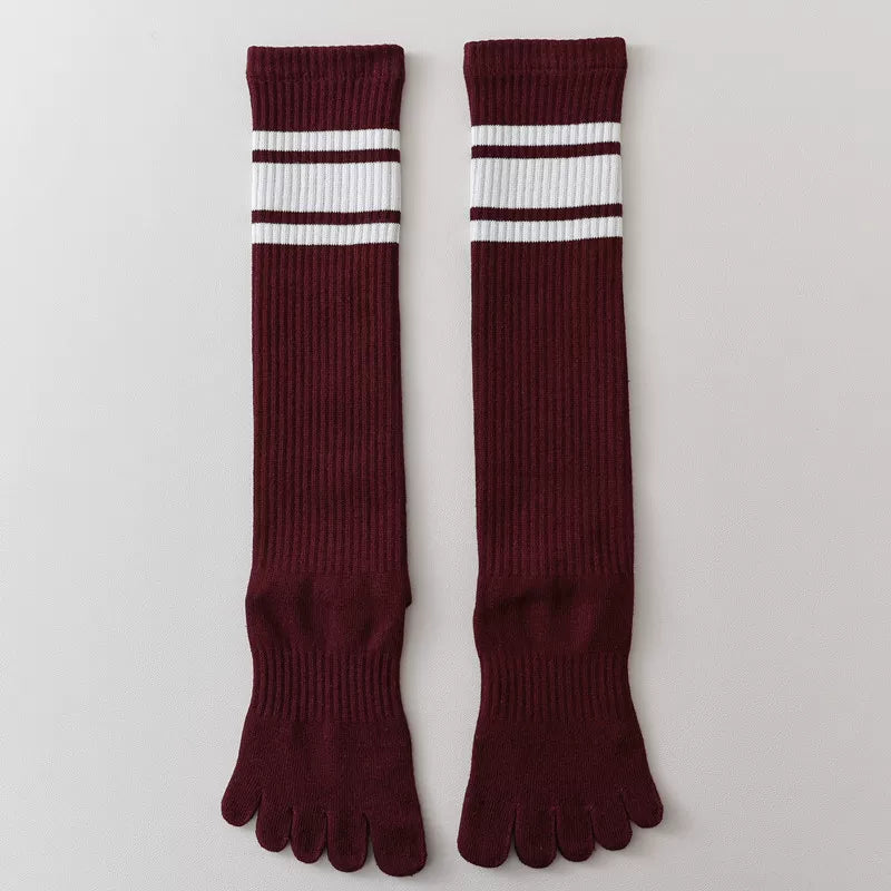 Findszx | Women’s Knee-High Five-Toe Cotton Socks with Striped Design for Spring & Autumn Wear