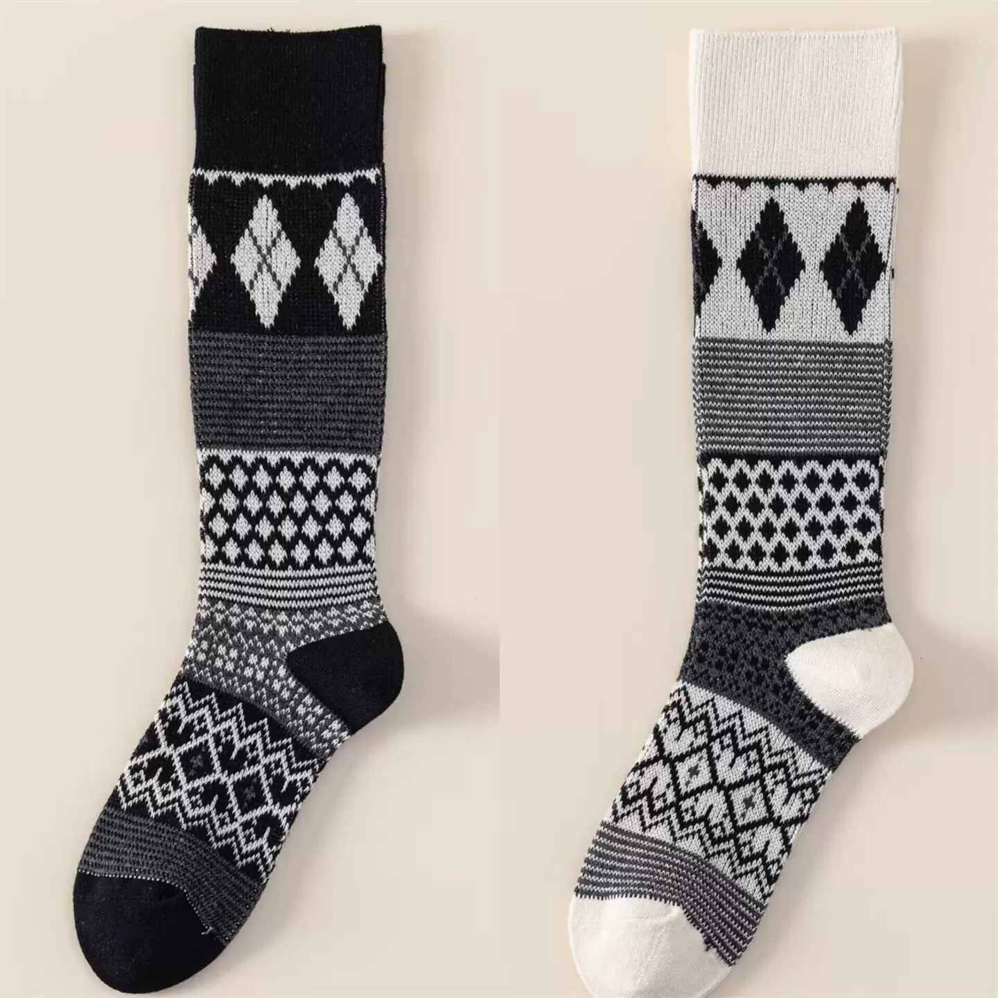Findszx | Women’s Retro Diamond-Pattern Double-Knit Calf Socks in Cotton for Everyday Wear