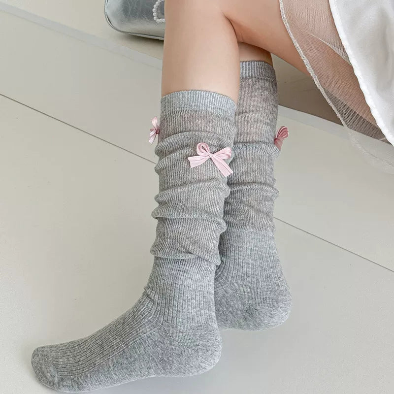 Ballet Style Bow Socks For Women Thin Sweet Cool Calf Socks Vertical Strip Jk Fashionable Miu Gray Pile Stockings