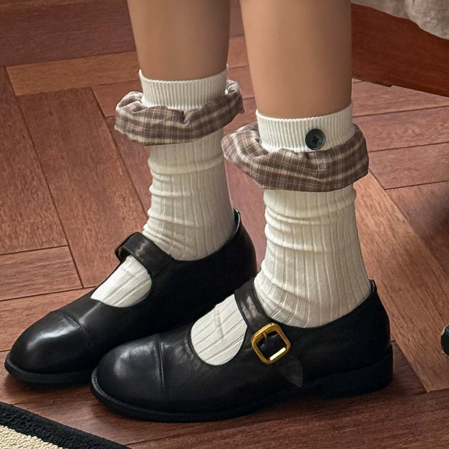 Findszx | Lace-Trim Mid-Calf Socks for Women, Button Detail with Plaid Accent, Everyday Vintage Style