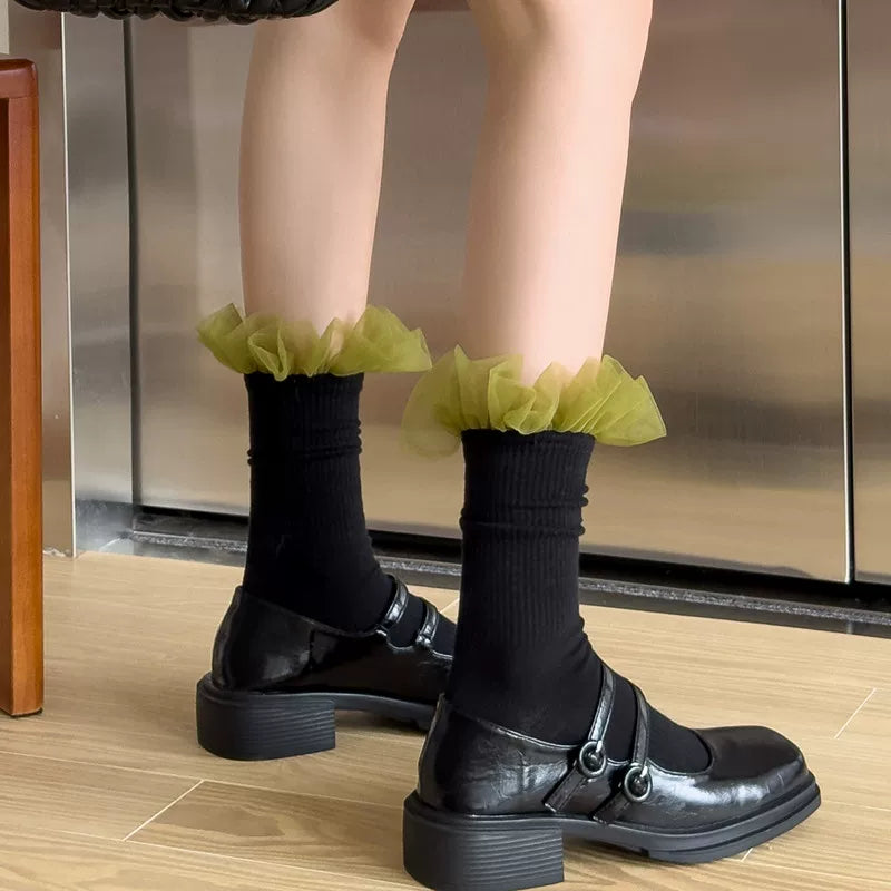 Findszx | Women’s Lace Panel Knee-High Socks with Mesh Texture for Everyday Fashion Wear