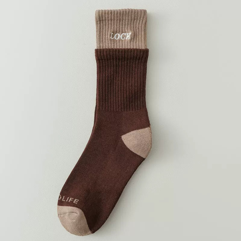 Autumn And Winter Thickened Mid-Tube Socks Double-Layer Spliced Long Socks For Women Korean Version Ins Trendy Brand Double Ruffled Letter Cotton Socks