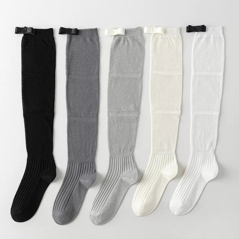 Findszx | Women’s Ballet-Inspired Long Calf Cotton Socks with Bow Detail and Sheer Mesh Texture