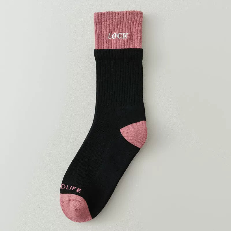 Autumn And Winter Thickened Mid-Tube Socks Double-Layer Spliced Long Socks For Women Korean Version Ins Trendy Brand Double Ruffled Letter Cotton Socks