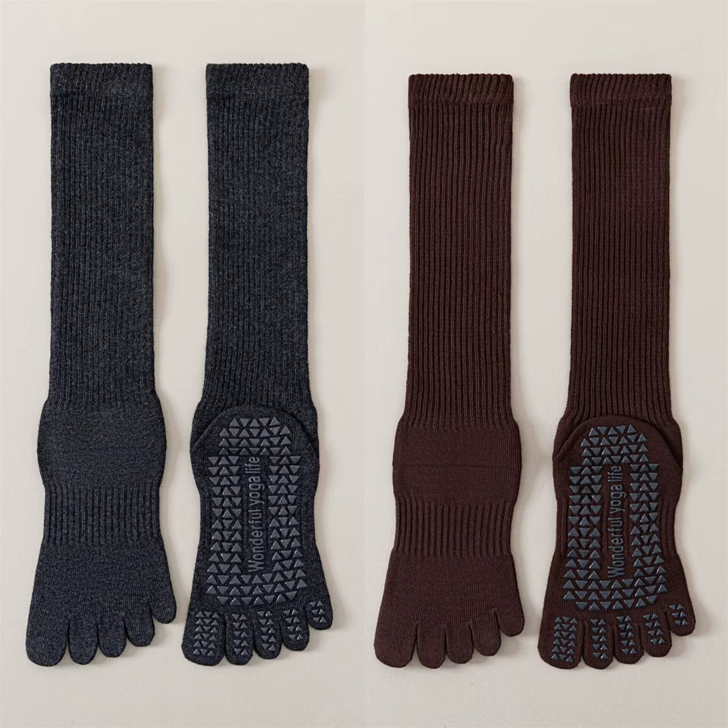 Findszx | Five-Toe Calf Socks in Warm Neutral Tones, Lightweight Design for Yoga & Pilates Wear