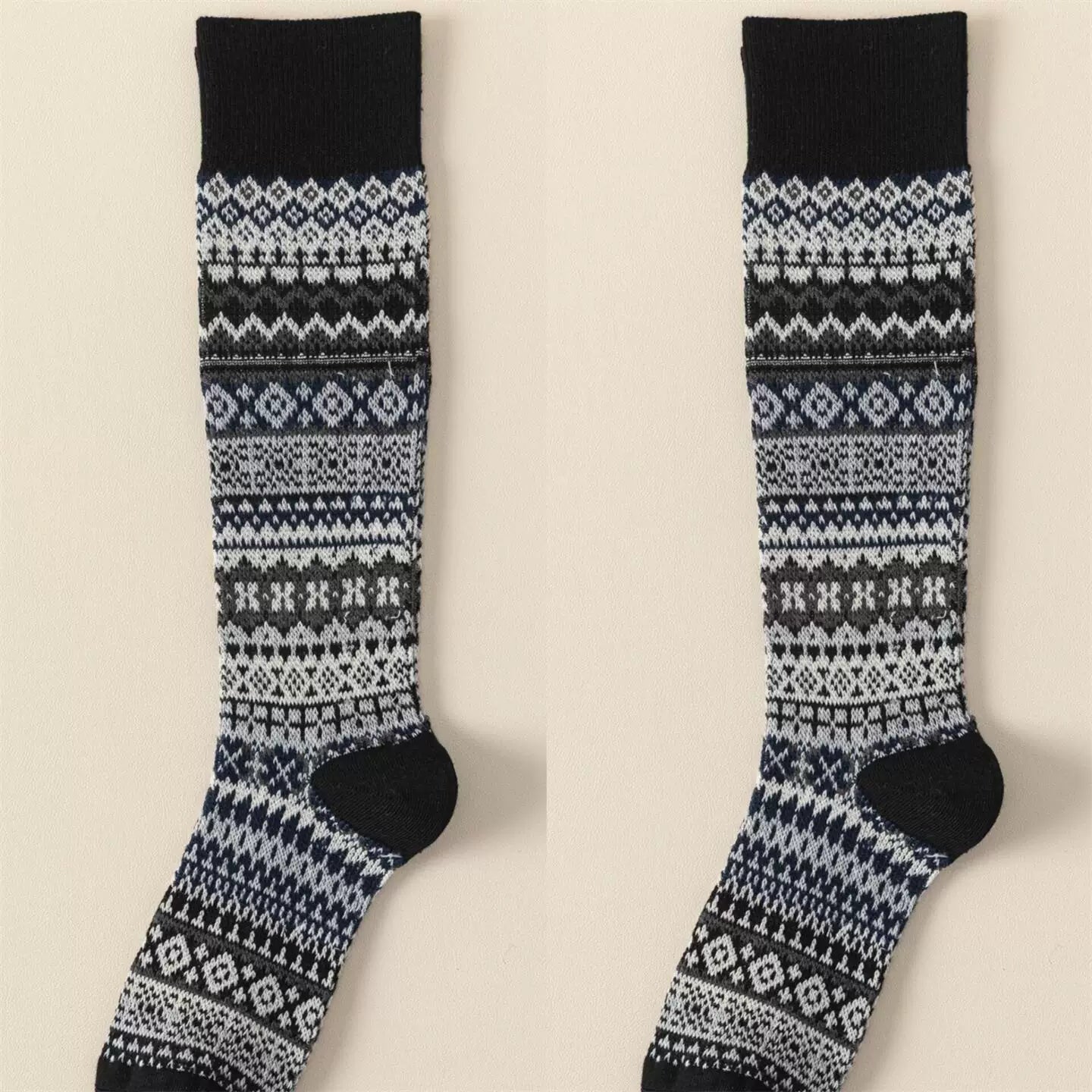 Ethnic Style Retro Calf Socks Double-Needle Fair Isle Stockings For Women In Autumn And Winter Paired With Snow Boots And Piled High Socks