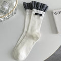 Findszx | Plaid Lace-Trim Mid-Calf Socks for Women, Letter Detail Knit, Layered Everyday Style