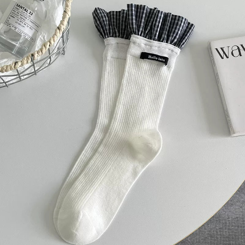 Findszx | Plaid Lace-Trim Mid-Calf Socks for Women, Letter Detail Knit, Layered Everyday Style