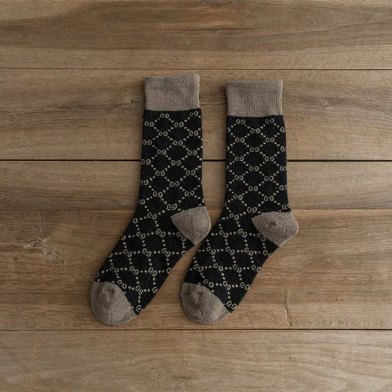Findszx | Women’s Mid-Calf Wool-Blend Socks with Letter Detail and Soft Pile Texture for Autumn & Winter Wear