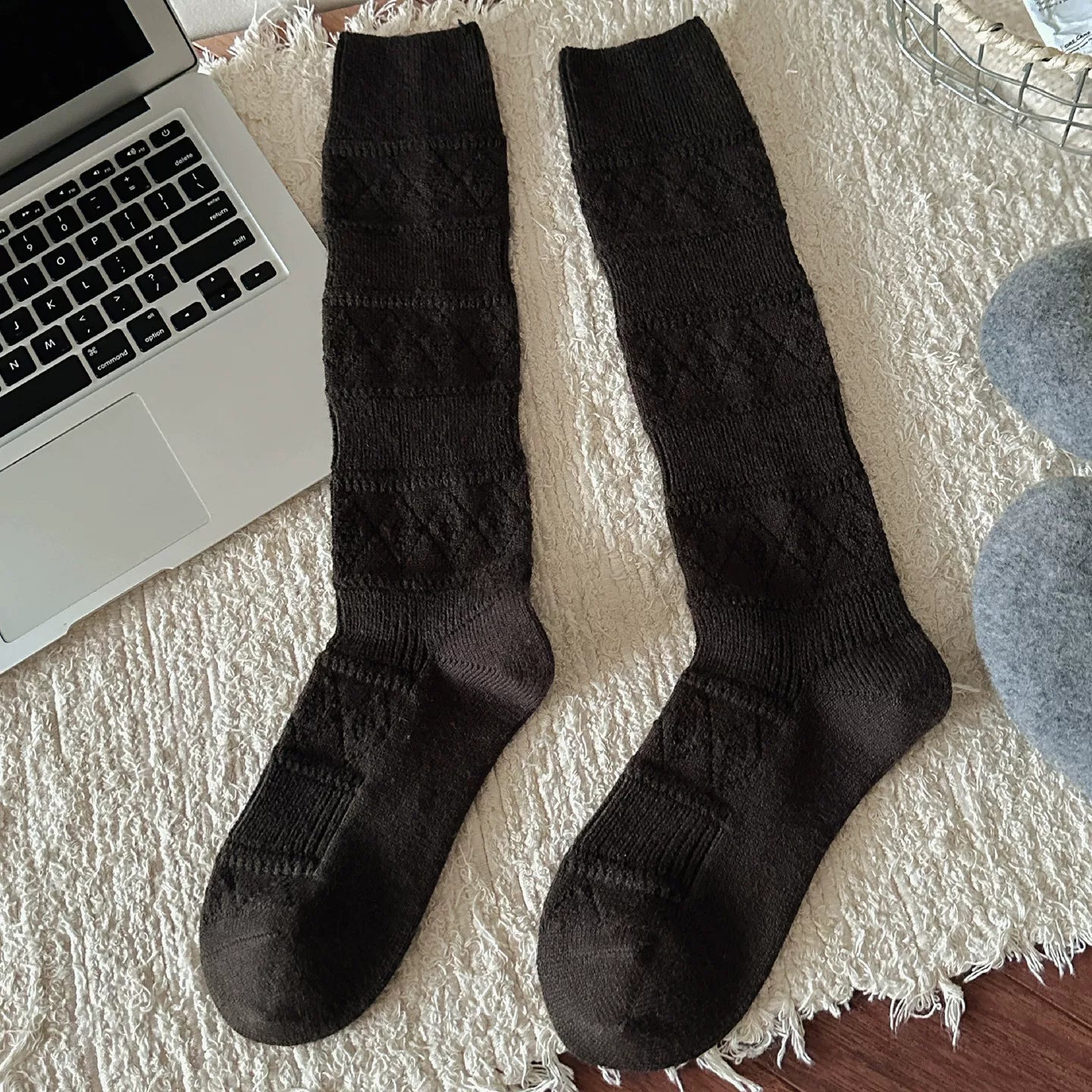 Findszx | Textured Diamond-Pattern Calf Socks for Women, Soft Knit Design, Autumn & Winter Daily Wear