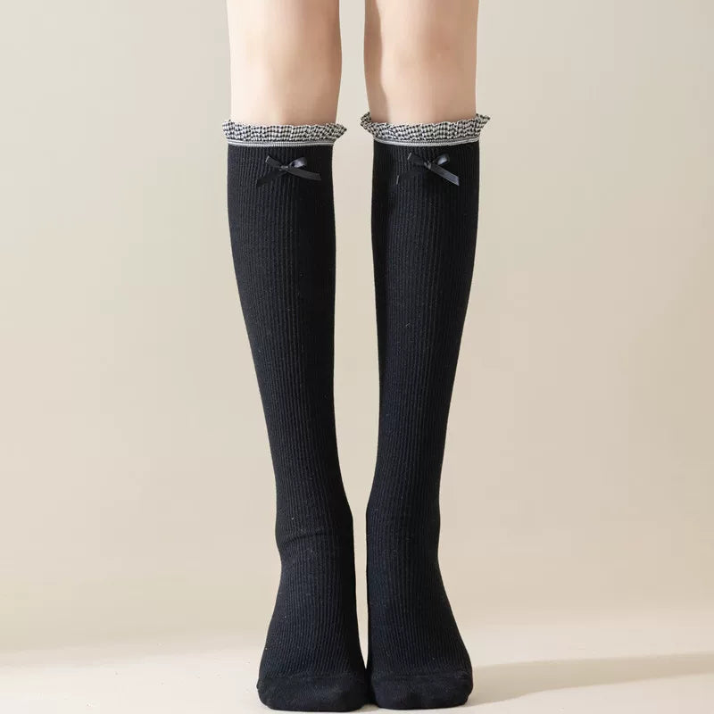 Findszx | Women’s Ballet-Inspired Lace Mid-Calf Socks with Bow Detail for Autumn & Winter Wear