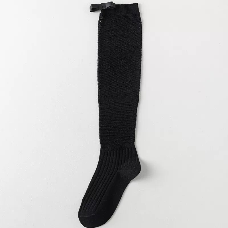 Findszx | Women’s Ballet-Inspired Long Calf Cotton Socks with Bow Detail and Sheer Mesh Texture