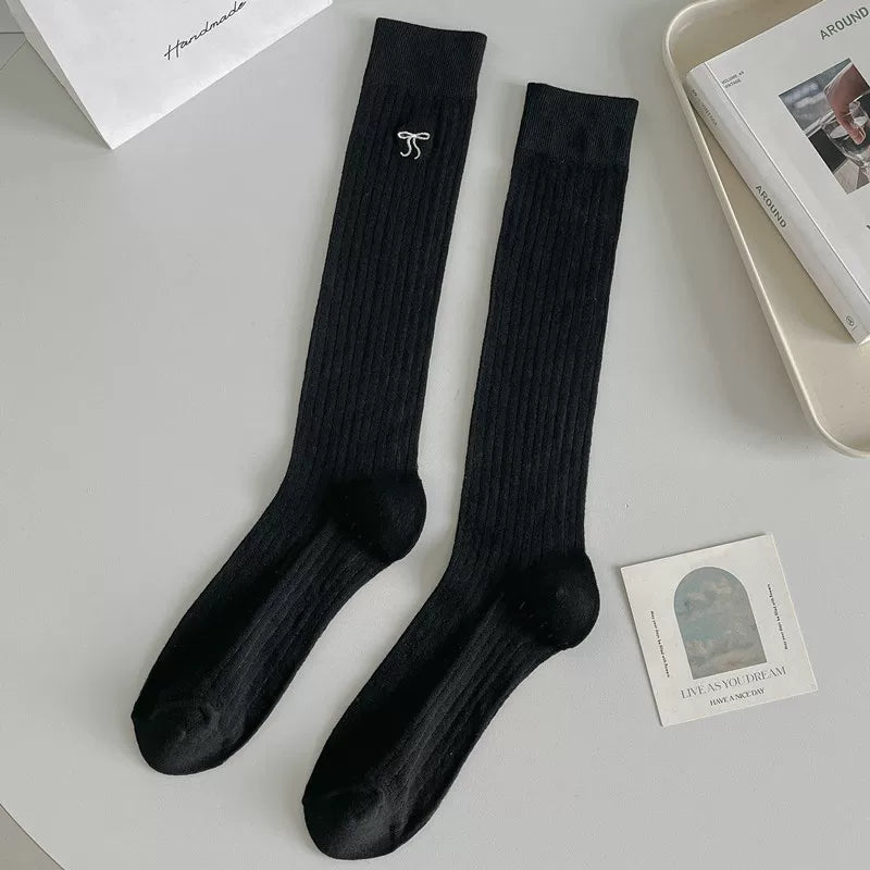 Ballet Style Bow Long Socks For Women Summer Thin Mid-High Calf Socks Mesh Breathable Pile Stockings Cotton