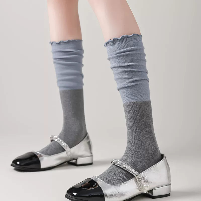 Findszx | Lace-Trim Color-Block Calf Socks for Women, Lightweight Spliced Design, Spring & Summer Daily Style