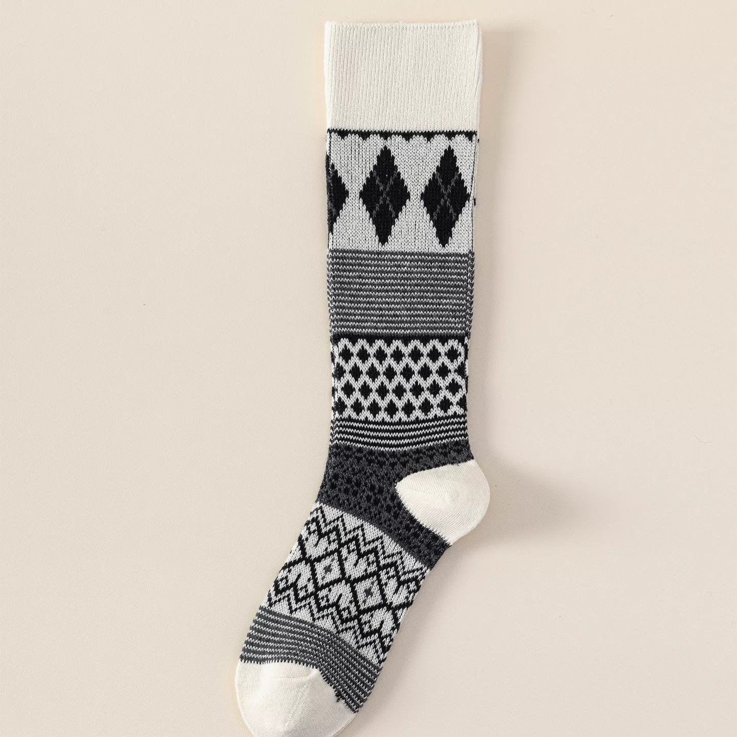 Findszx | Women’s Retro Diamond-Pattern Double-Knit Calf Socks in Cotton for Everyday Wear