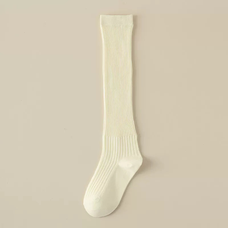 Findszx | Women’s White Long Calf Pile Socks with Vertical Stripe Texture for Spring & Summer Wear
