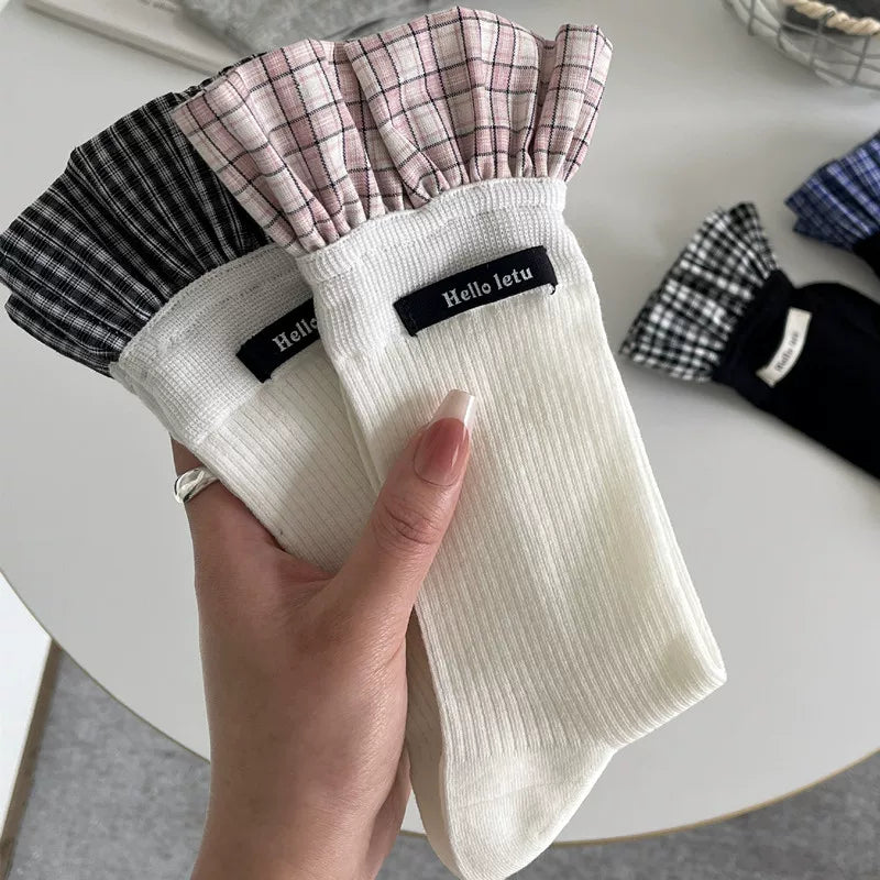 Findszx | Plaid Lace-Trim Mid-Calf Socks for Women, Letter Detail Knit, Layered Everyday Style