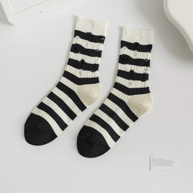 Findszx | Striped Mid-Calf Cotton Socks for Women, Lightweight Distressed Detail, Spring & Autumn Casual Wear