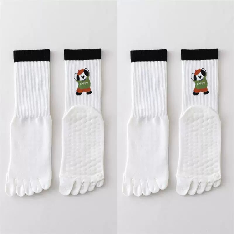 Findszx | Women’s Cartoon-Style Mid-Calf Five-Toe Yoga Socks with Grip for Pilates & Indoor Fitness