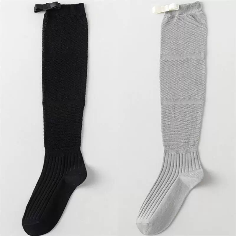 Findszx | Women’s Ballet-Inspired Long Calf Cotton Socks with Bow Detail and Sheer Mesh Texture