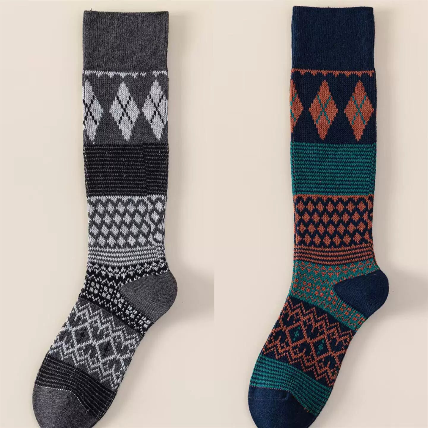 Findszx | Women’s Retro Diamond-Pattern Double-Knit Calf Socks in Cotton for Everyday Wear