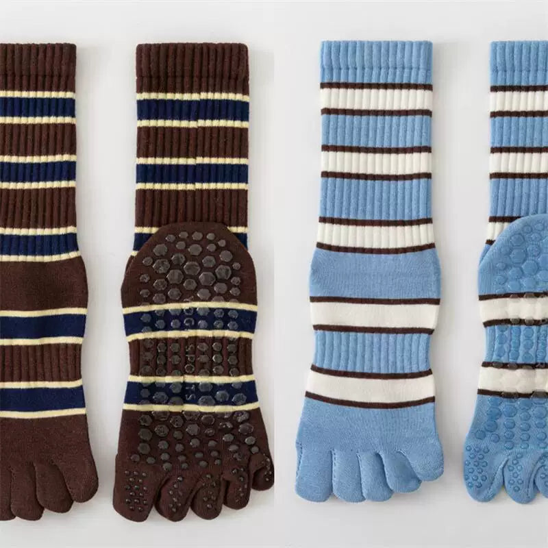 Findszx | Women’s Five-Toe Mid-Calf Socks for Yoga & Dance, Striped Pattern with Dotted Detail, Active Style