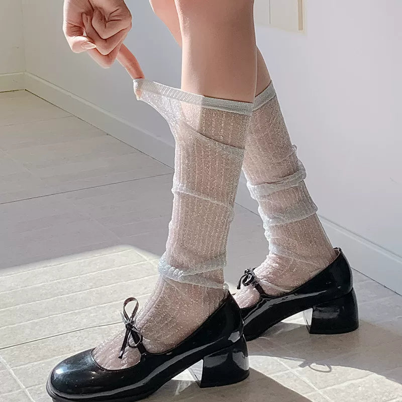 Findszx | Lightweight Vertical Stripe Long Calf Socks for Women, Sheer Texture Design, Spring & Summer Style