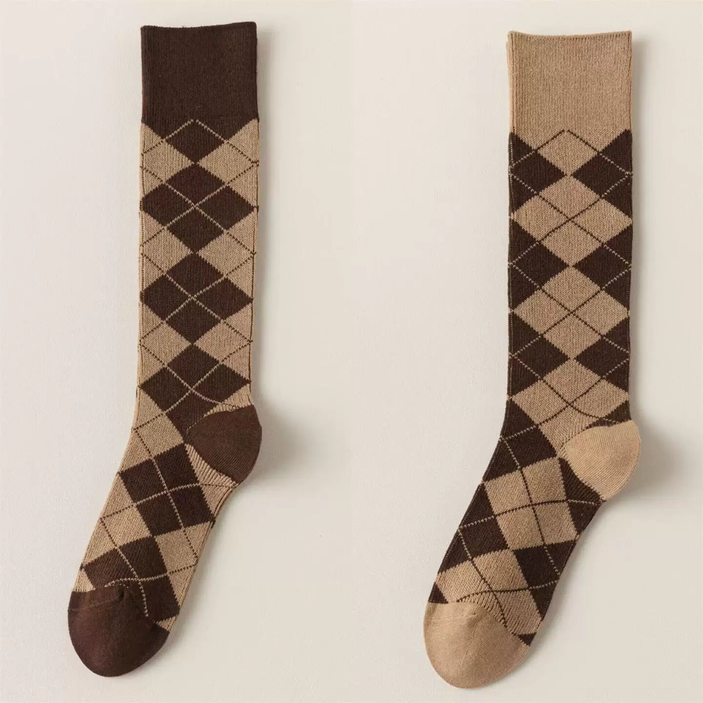 Findszx | Women’s Retro-Inspired Knee-High Cotton Socks with Diamond Pattern for Autumn & Winter Wear