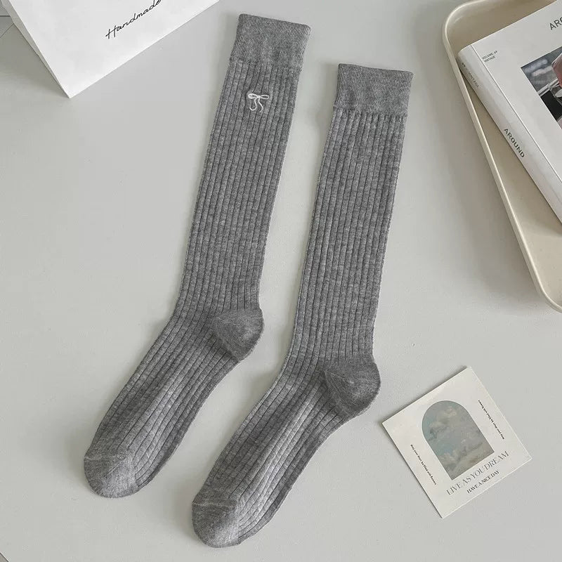 Ballet Style Bow Long Socks For Women Summer Thin Mid-High Calf Socks Mesh Breathable Pile Stockings Cotton