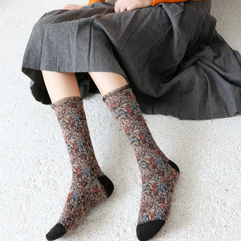 Findszx | Women’s Floral Lace Mid-Calf Cotton Socks with Delicate Knit Texture for Autumn & Winter Wear