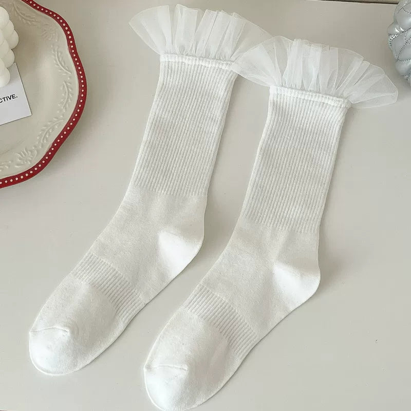 Findszx | Women’s Lace Panel Knee-High Socks with Mesh Texture for Everyday Fashion Wear