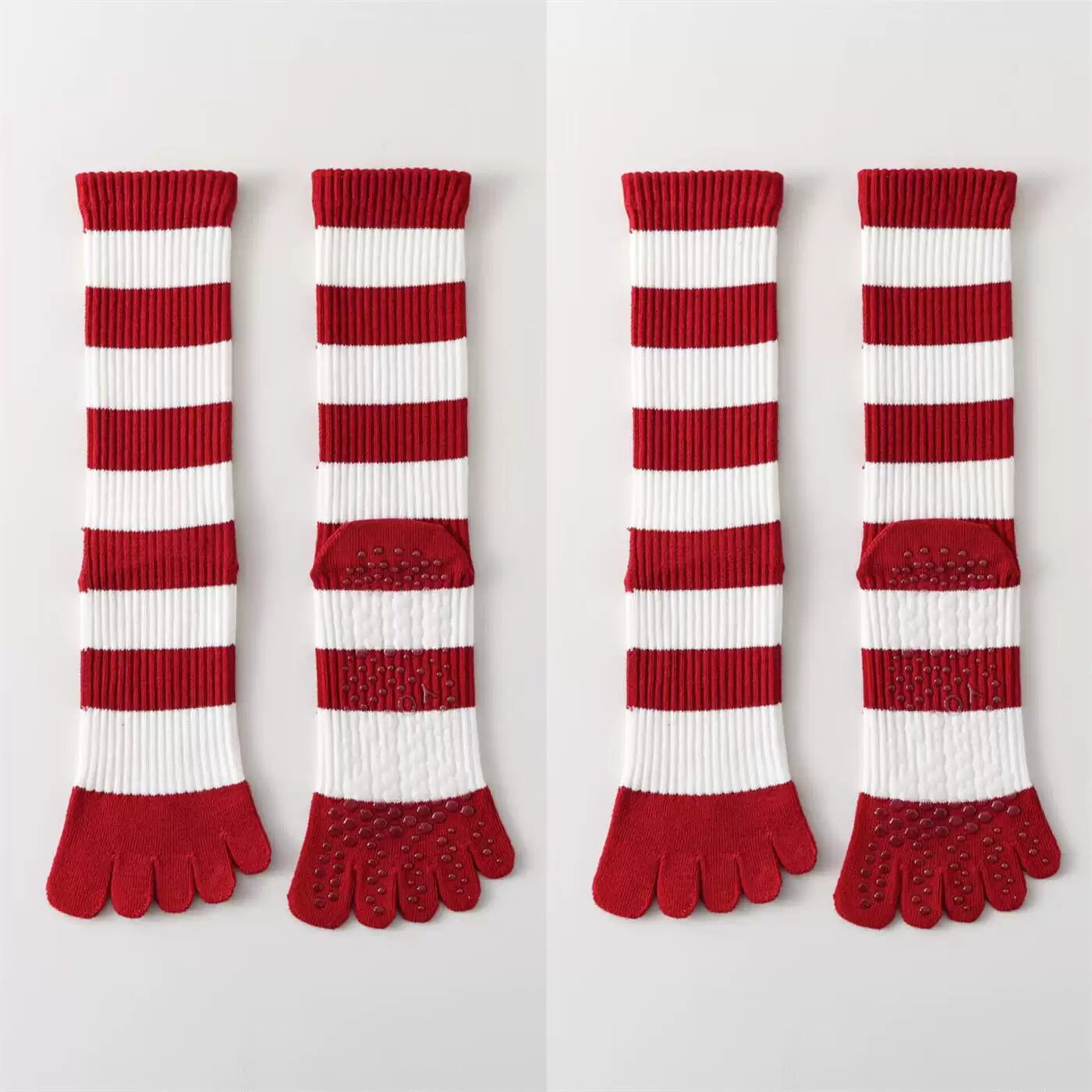 Findszx | Women’s Red Mid-Calf Five-Toe Yoga Socks with Grip for Pilates & Indoor Fitness