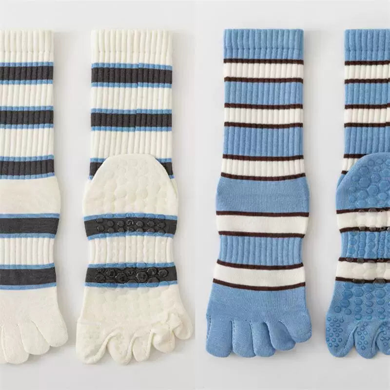 Findszx | Women’s Five-Toe Mid-Calf Socks for Yoga & Dance, Striped Pattern with Dotted Detail, Active Style