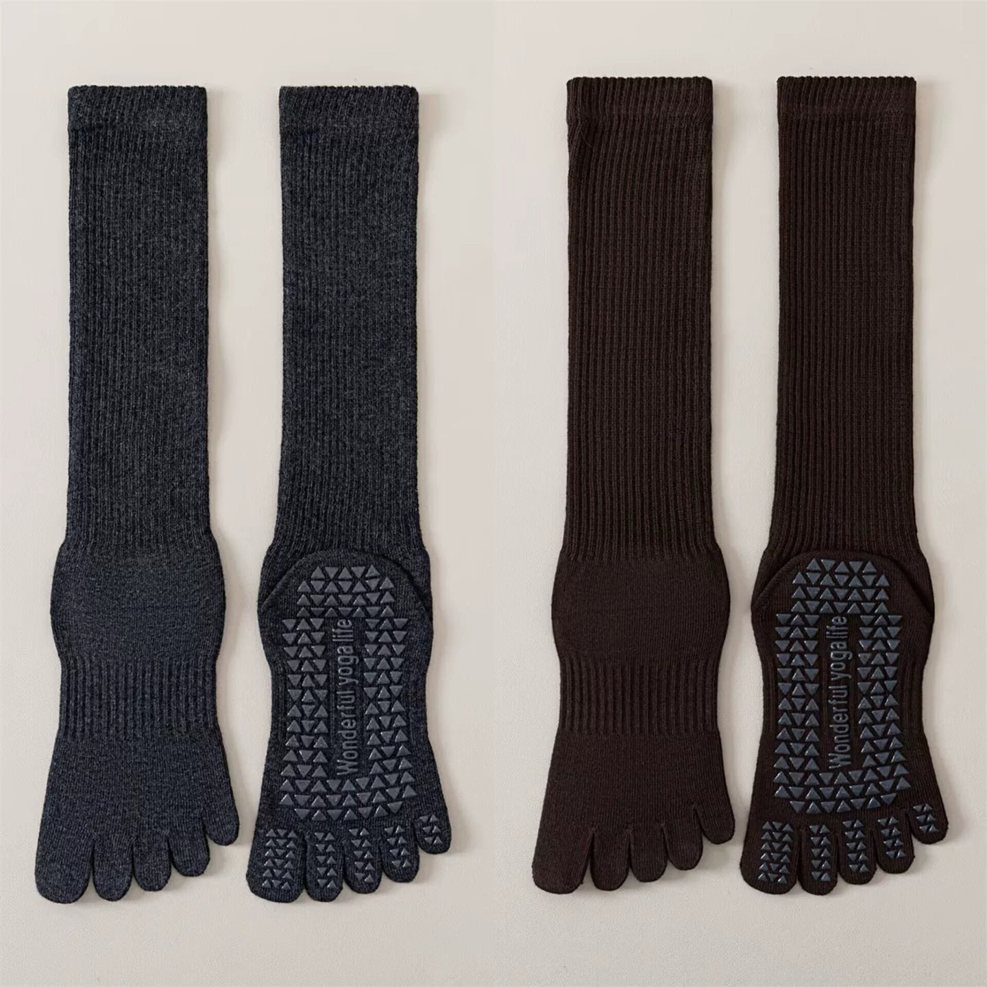 Findszx | Five-Toe Calf Socks in Warm Neutral Tones, Lightweight Design for Yoga & Pilates Wear