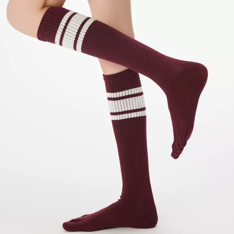 Findszx | Women’s Knee-High Five-Toe Cotton Socks with Striped Design for Spring & Autumn Wear