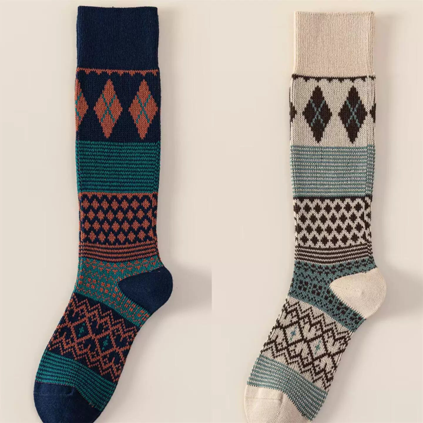 Findszx | Women’s Retro Diamond-Pattern Double-Knit Calf Socks in Cotton for Everyday Wear