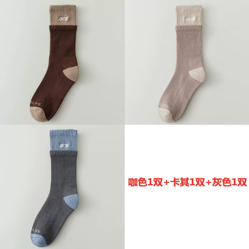 Autumn And Winter Thickened Mid-Tube Socks Double-Layer Spliced Long Socks For Women Korean Version Ins Trendy Brand Double Ruffled Letter Cotton Socks