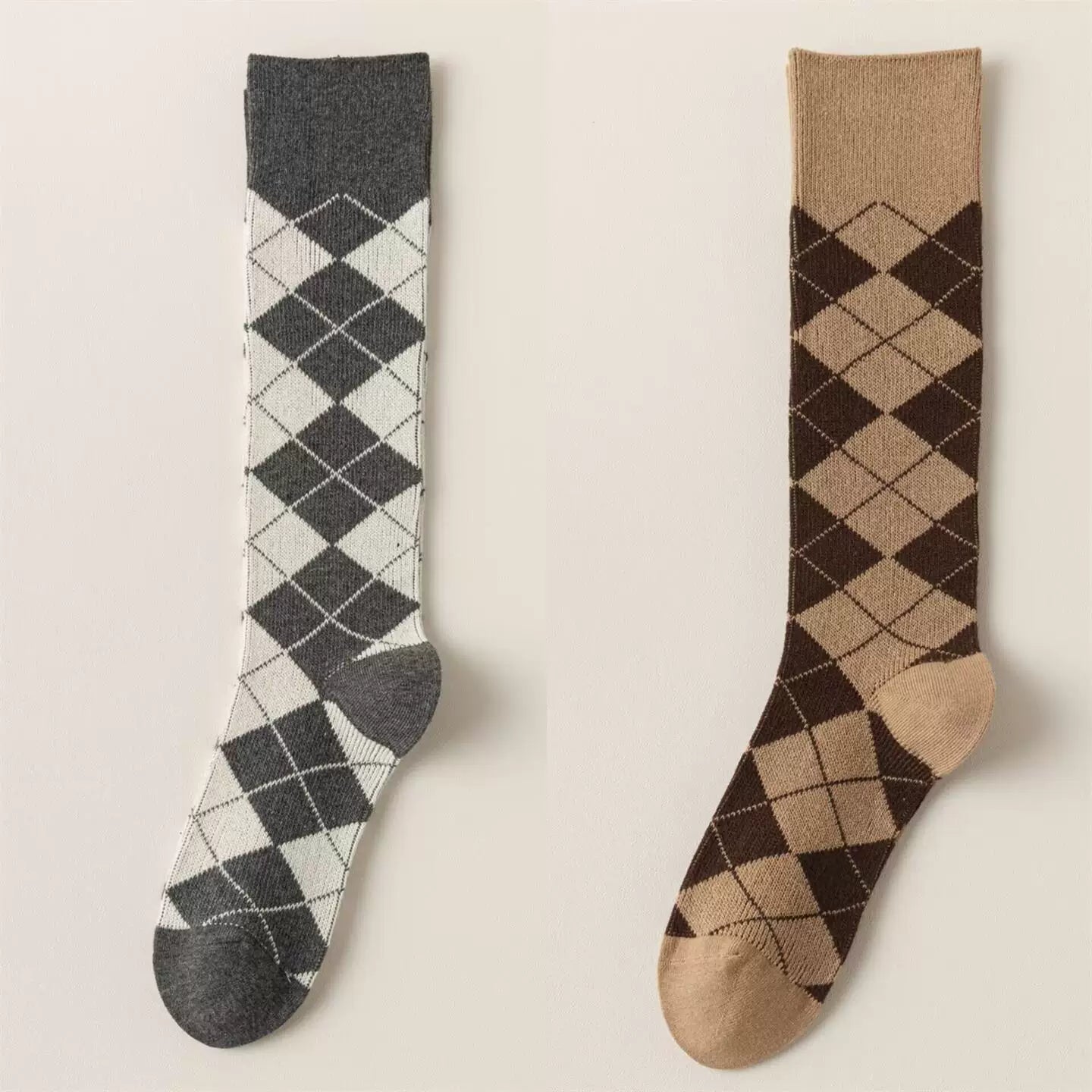 Findszx | Women’s Retro-Inspired Knee-High Cotton Socks with Diamond Pattern for Autumn & Winter Wear