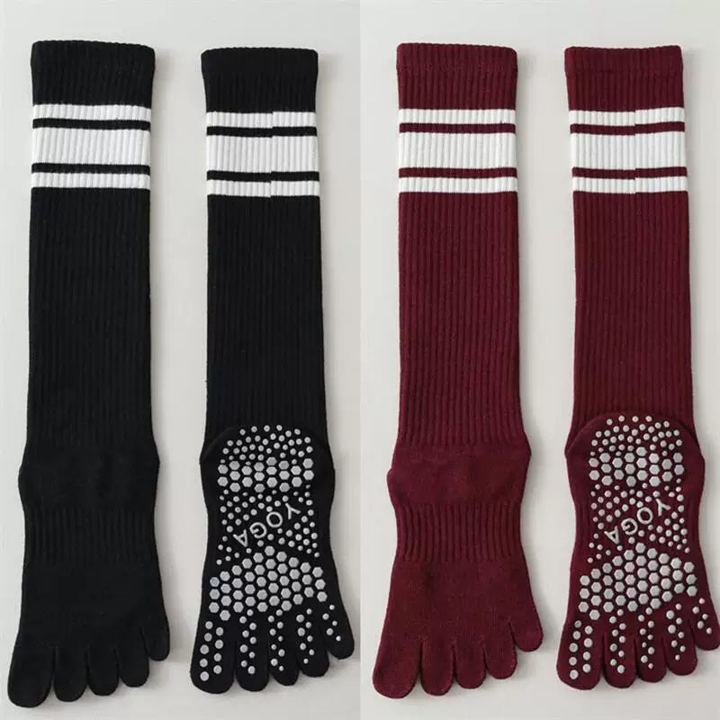 Findszx | Long Five-Toe Calf Socks for Women, Deep Red Tone, Yoga & Pilates Active Wear Style