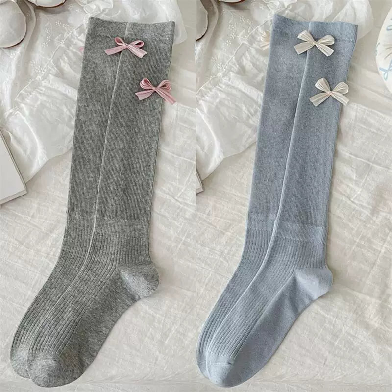 Ballet Style Bow Socks For Women Thin Sweet Cool Calf Socks Vertical Strip Jk Fashionable Miu Gray Pile Stockings