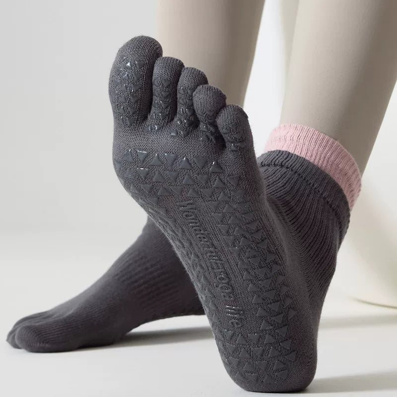 Findszx | Women’s Double-Cuff Mid-Calf Five-Toe Yoga Socks with Grip for Pilates & Indoor Fitness
