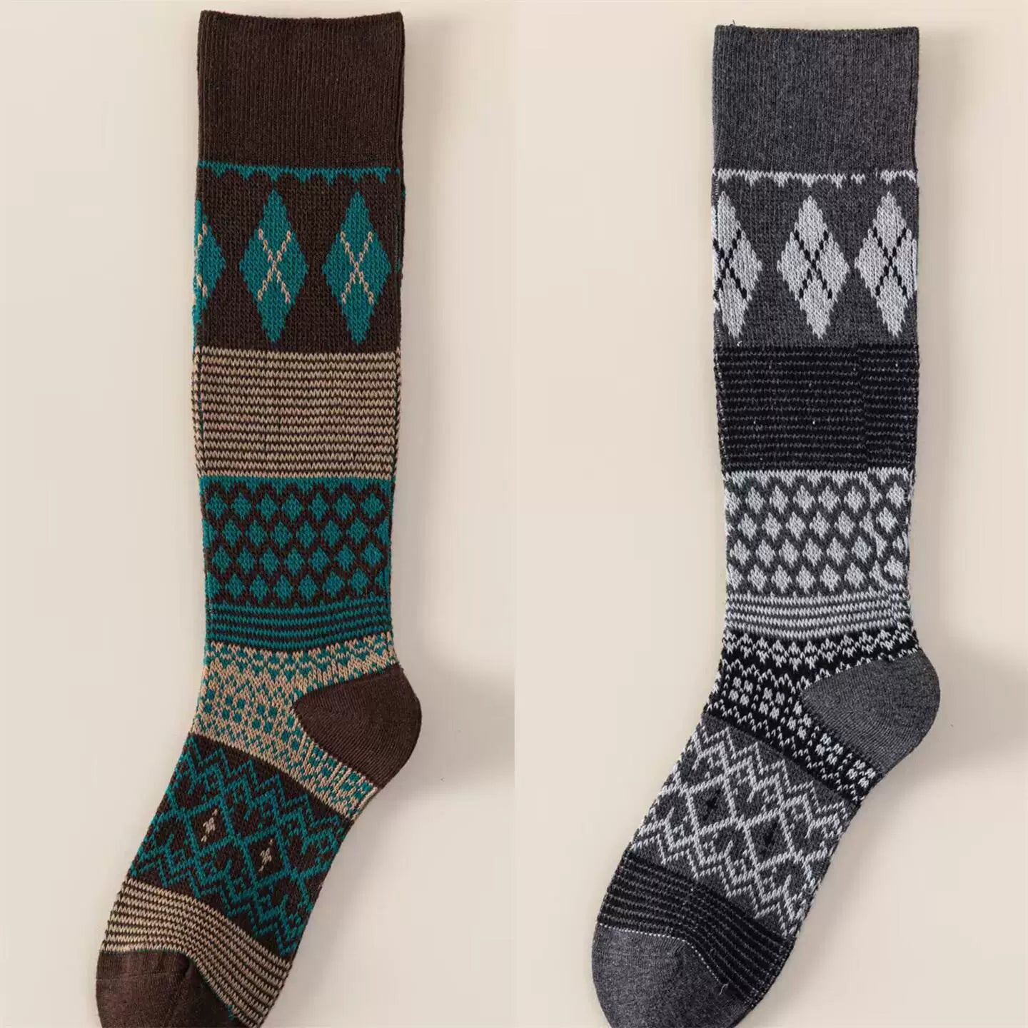 Findszx | Women’s Retro Diamond-Pattern Double-Knit Calf Socks in Cotton for Everyday Wear