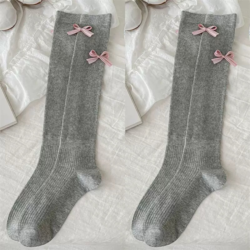 Ballet Style Bow Socks For Women Thin Sweet Cool Calf Socks Vertical Strip Jk Fashionable Miu Gray Pile Stockings