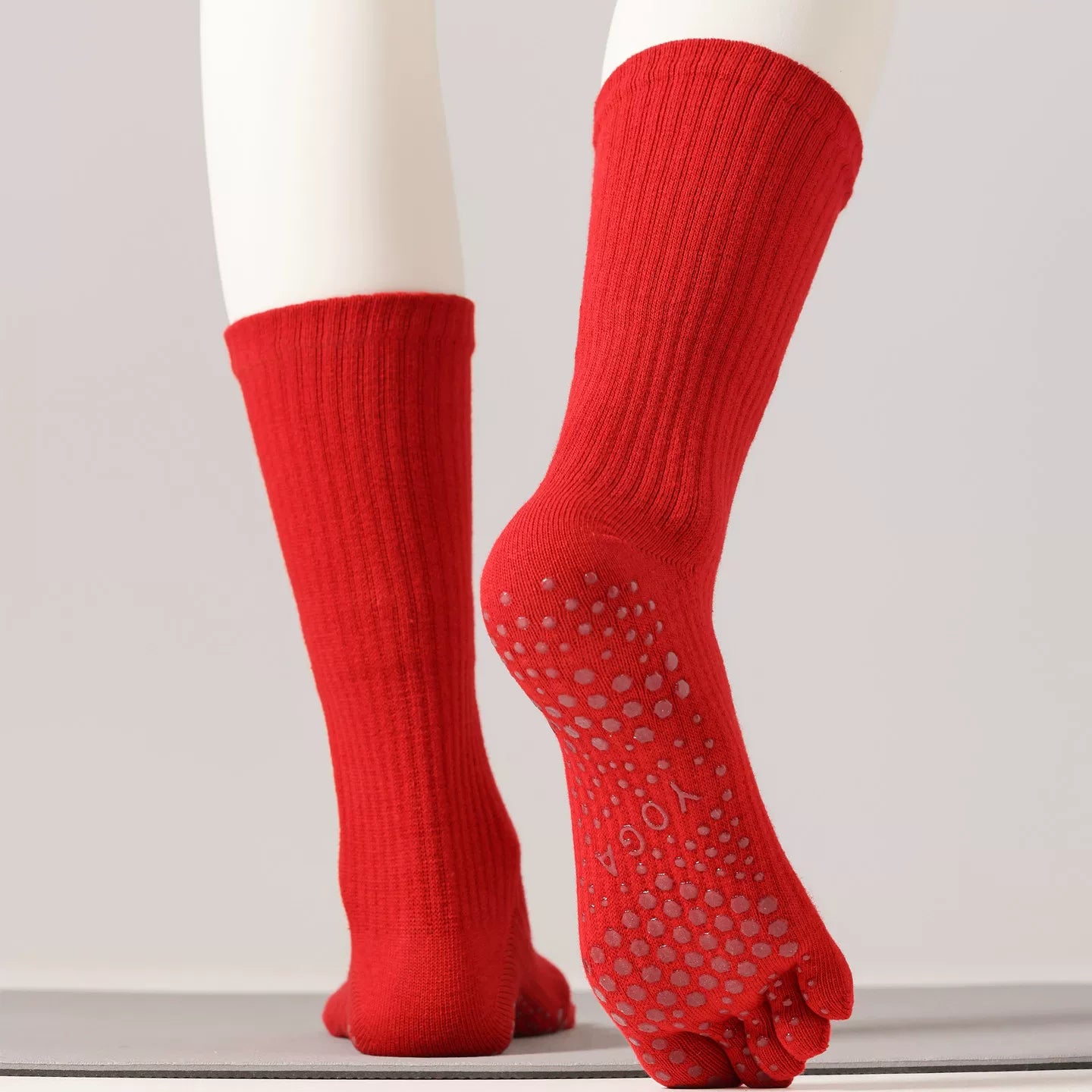 Findszx | Women’s Red Mid-Calf Five-Toe Yoga Socks with Grip for Pilates & Indoor Fitness