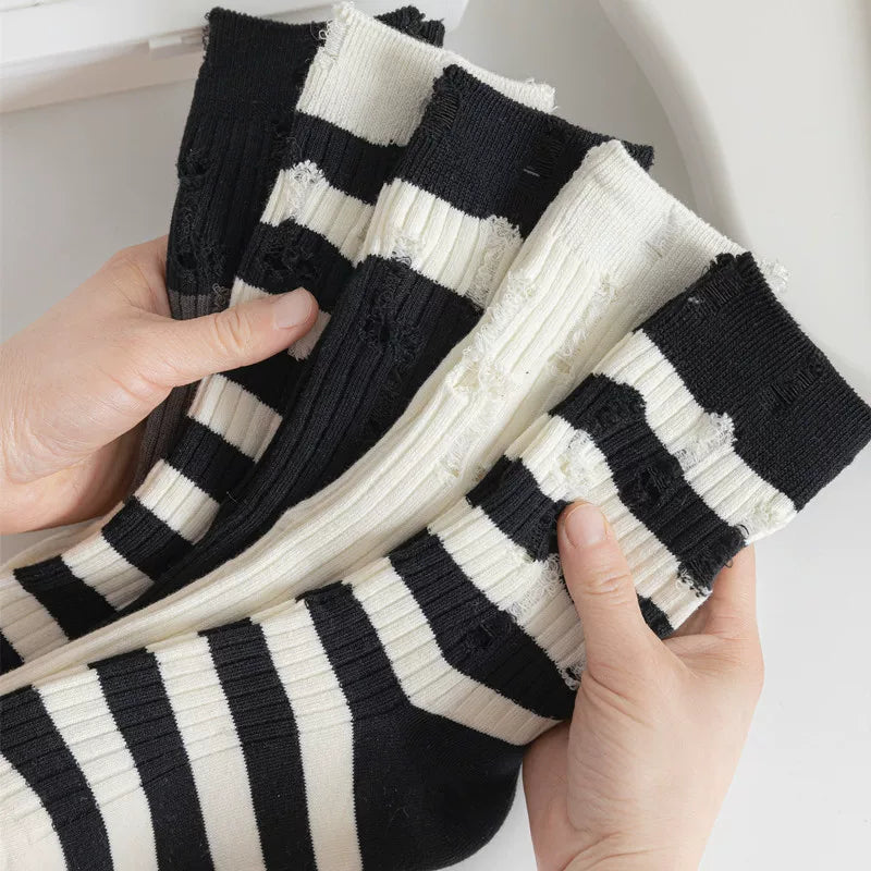Findszx | Striped Mid-Calf Cotton Socks for Women, Lightweight Distressed Detail, Spring & Autumn Casual Wear